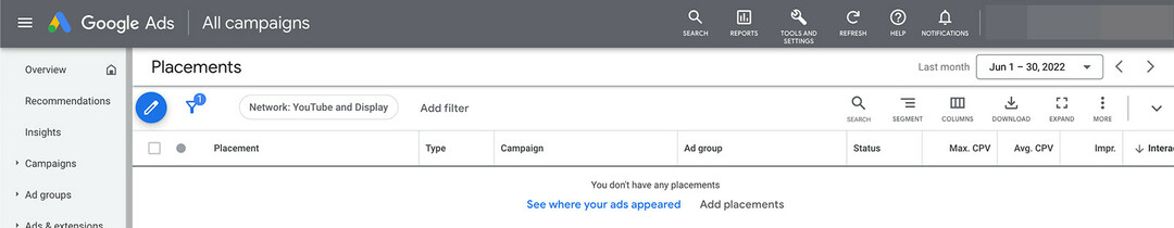 Как настроить таргетинг рекламы на YouTube по каналам размещения, статистика Google Ads, шаг 2