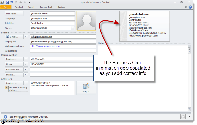 Создать визитную карточку в Outlook 2010