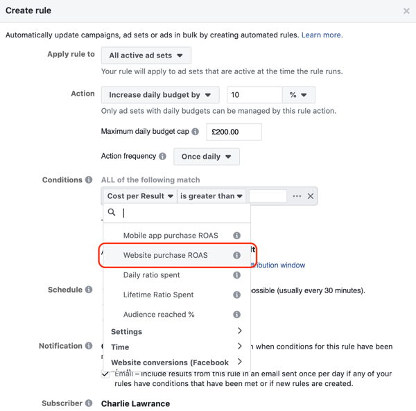 Используйте автоматические правила Facebook, увеличивайте бюджет, когда ROAS больше 2, шаг 3, устанавливайте условия