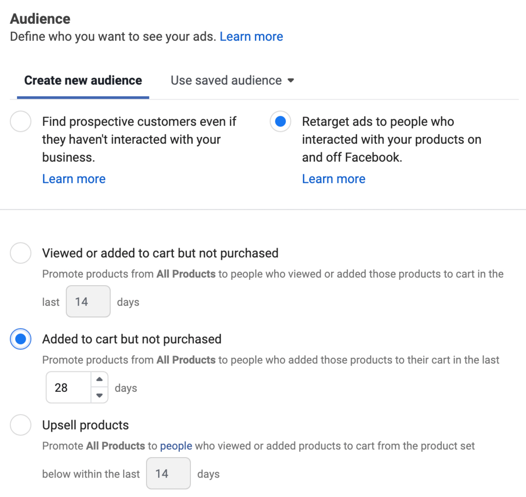 изображение ретаргетинга объявлений для людей, которые взаимодействовали с вашими продуктами на Facebook и за его пределами, выбранном в Ads Manager