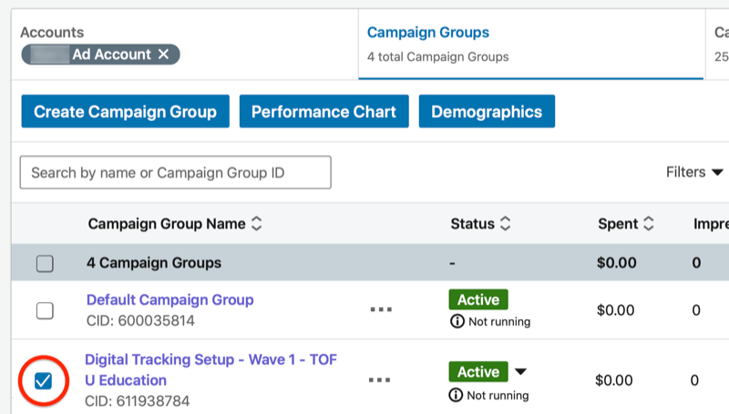 Панель управления менеджером кампаний linkedin с выделенной новой группой кампаний