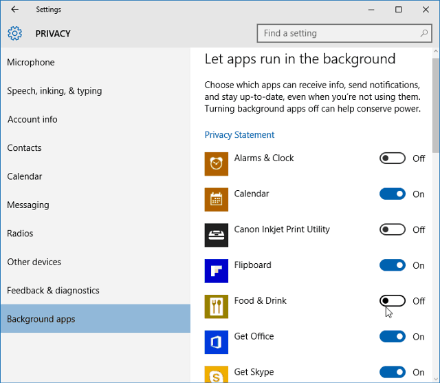 Отключить фоновые приложения Windows 10