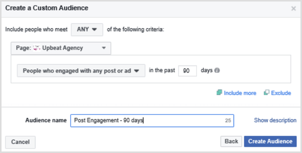 Выберите параметры для настройки пользовательской аудитории Facebook на основе людей, которые взаимодействовали с любой публикацией или рекламой за последние 90 дней.