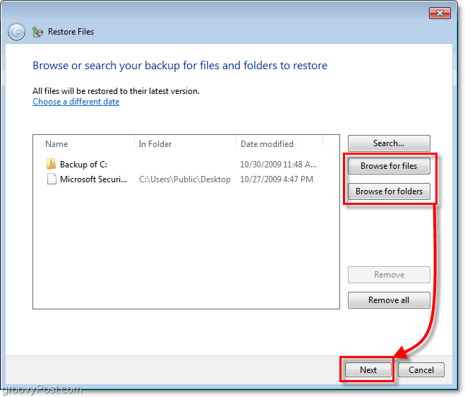 Windows 7 Backup - выберите, какие файлы или папки вы хотите восстановить