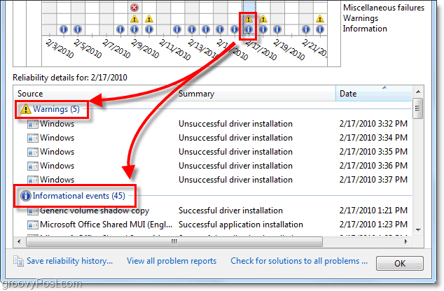 просматривать проблемы надежности Windows 7 и информационные сообщения