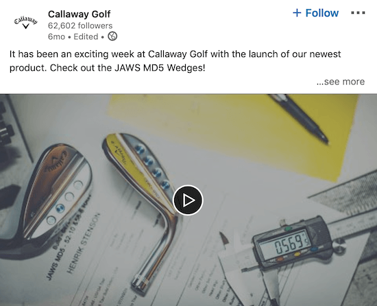 Callaway Golf - видео на LinkedIn, анонсирующее новый продукт