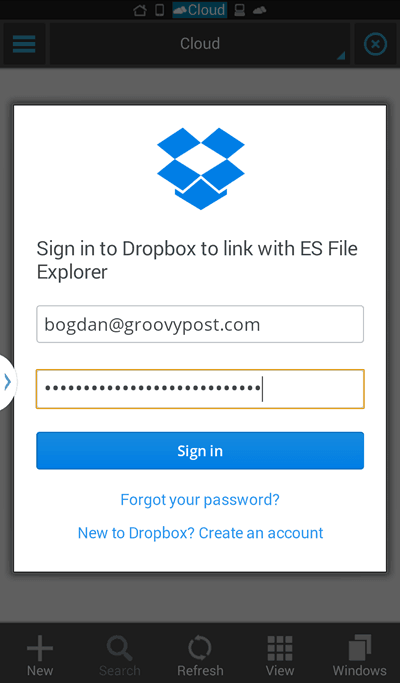 ES File Explorer вход в Dropbox
