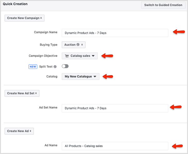 Окно быстрого создания в Facebook Ads Manager