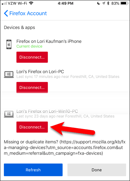 Отключите устройство в Firefox для iOS