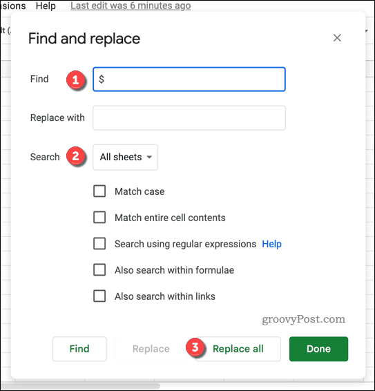 Найти и заменить меню в Google Sheets