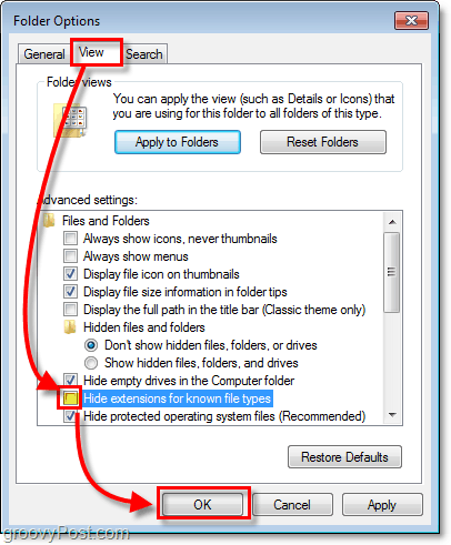 в диалоговом окне параметров папки Windows 7 щелкните вкладку «Вид», затем снимите флажок скрыть расширения для известных типов файлов.