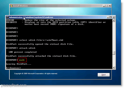 Windows 7 Native VHD Установить двойную загрузку Exit CMD Prompt
