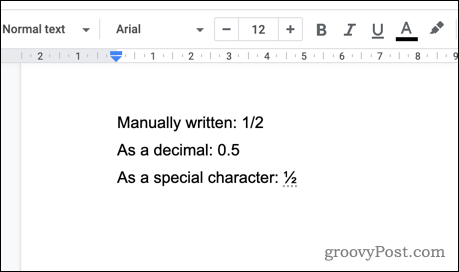 Пример дробей в Google Docs