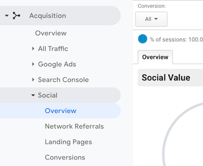 меню навигации в Google Analytics, выбрав Социальные сети> Обзор