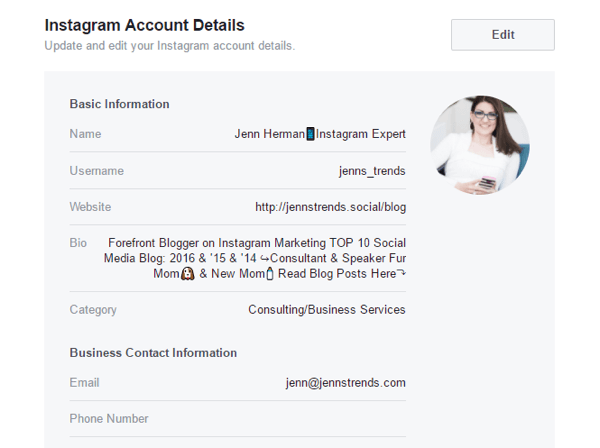 Вы можете редактировать некоторые данные учетной записи Instagram в настройках своей страницы Facebook.