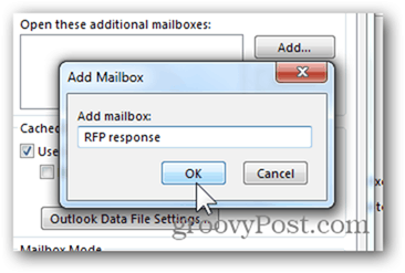 Добавить почтовый ящик Outlook 2013 - введите имя почтового ящика. Нажмите кнопку ОК.