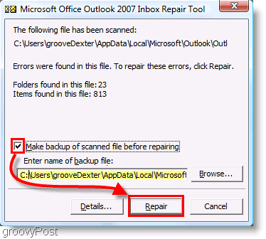 Снимок экрана - Меню восстановления Outlook 2007 ScanPST