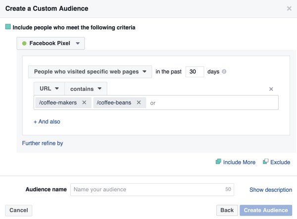 Чтобы создать собственную аудиторию Facebook, выберите «Люди, которые посещают определенные веб-страницы» и введите URL-адреса целевой страницы.