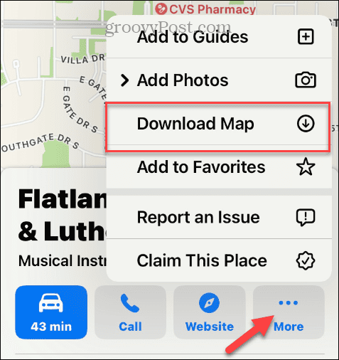 Загрузить опцию Apple Map из меню «Дополнительно»
