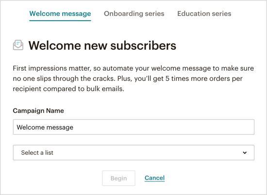 Выберите тип автоматического приветственного письма, которое вы хотите отправить через своего бота Messenger. 