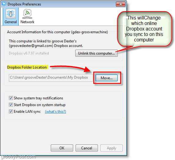 Снимок экрана Dropbox - изменить расположение Dropbox по умолчанию или изменить / удалить учетные записи Dropbox