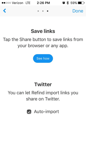 Установите флажок, чтобы импортировать ссылки, которыми вы поделились в Twitter.