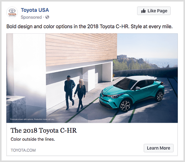 Рекламное объявление Toyota C-HR бирюзового цвета и кнопка «Узнать больше» в Facebook.