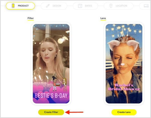Нажмите «Создать фильтр», чтобы настроить геофильтр Snapchat для вашего мероприятия.