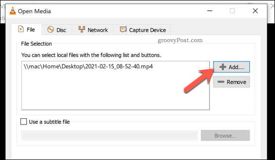 Добавление файла для преобразования в VLC в Windows