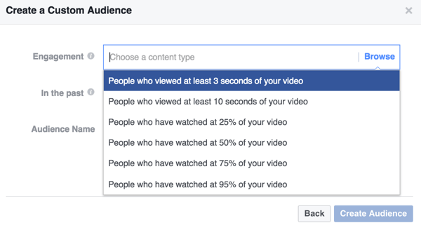 Выберите критерии взаимодействия для вашей пользовательской аудитории Facebook.