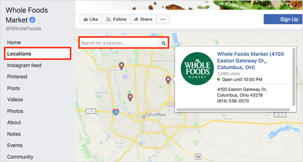 При нажатии на вкладку «Местоположения» на странице Facebook отображаются отдельные местоположения на карте. 