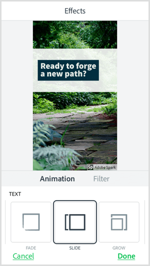 Выберите вариант текстовой анимации в мобильном приложении Adobe Spark Post.