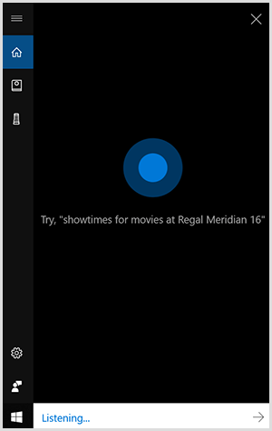 Кортана, диалоговый интерфейс Windows, представляет собой черный вертикальный прямоугольник с синей точкой в ​​центре. Белое поле внизу означает, что устройство Windows слушает.