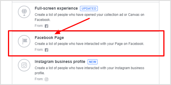 Выберите страницу Facebook в качестве типа взаимодействия.