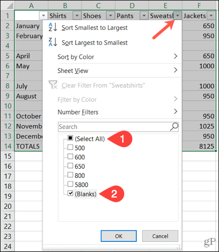Фильтр пустых строк в Excel
