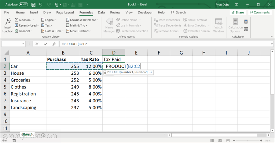 используя функцию продукта в Excel