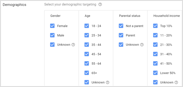 Демографические настройки для кампании Google AdWords.