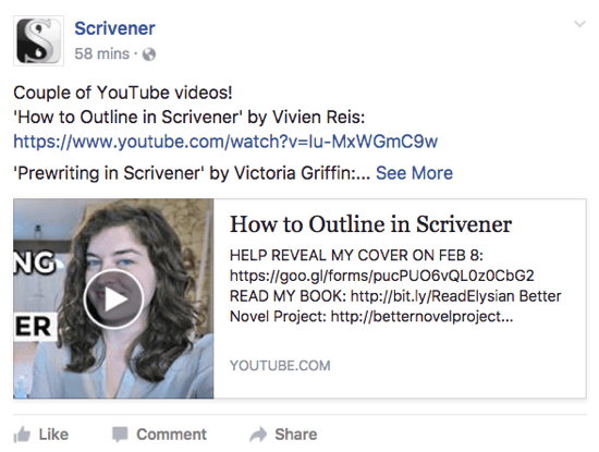 Scrivener публикует на своей странице в Facebook видео на YouTube, которое может понравиться пользователям.