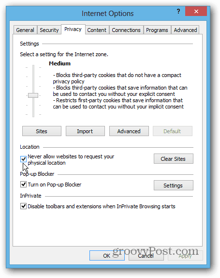 IE 10 Win8 Desktop конфиденциальность