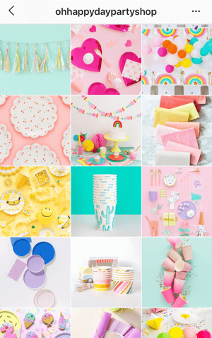 Как улучшить свои фотографии в Instagram, образец темы ленты Instagram из магазина Oh Happy Day Party Shop с яркой цветовой палитрой