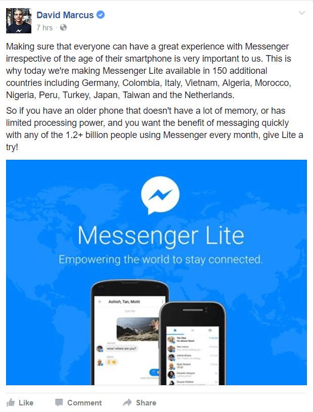 Facebook Messenger Lite теперь доступен в большем количестве стран по всему миру.