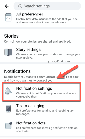Опция настроек мобильных уведомлений Facebook