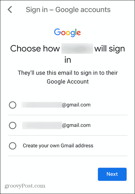имя пользователя дочерней учетной записи gmail
