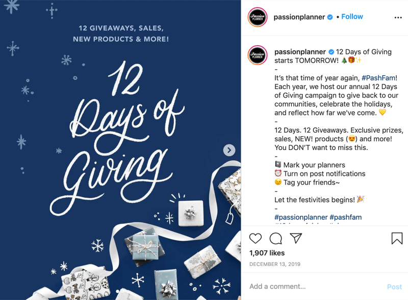 пример конкурса розыгрышей в Instagram на 12 дней раздачи от @passionplanner, объявляющего, что розыгрыш начинается на следующий день