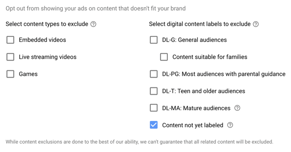 Как настроить рекламную кампанию YouTube, шаг 15, установить исключенные типы и параметры ярлыков