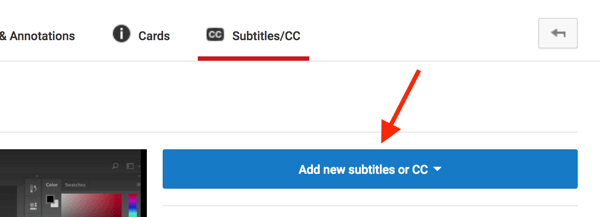 Откройте свое видео YouTube в Video Creator и нажмите «Добавить новые субтитры» или «CC».
