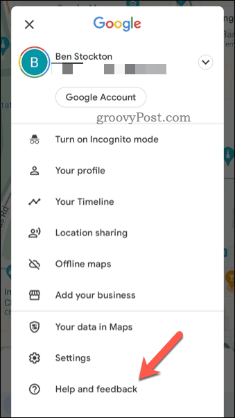Откройте меню обратной связи Google Maps