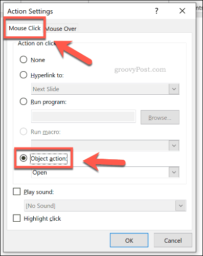 Настройка объекта для открытия с помощью мыши в PowerPoint