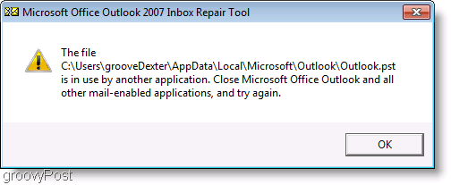Снимок экрана - Окно сообщения восстановления Outlook 2007 ScanPST