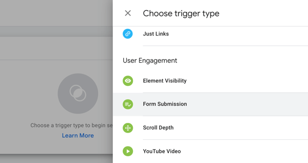 Используйте Диспетчер тегов Google с Facebook, шаг 19, параметры меню для выбора типа триггера в Диспетчере тегов Google
